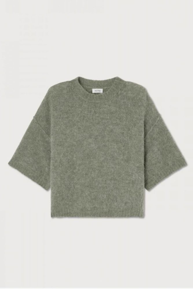 AMERICAN VINTAGE - Pulóver s krátkym rukávom Vert de gris s Alpaka vlnou - vert de gris