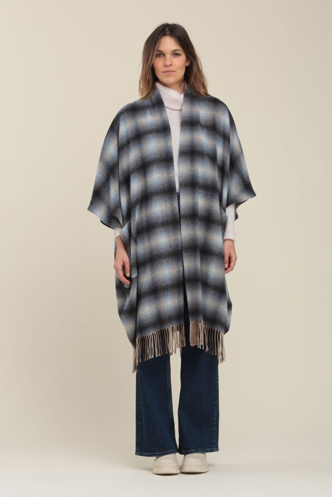 La Fée Maraboutée - Pončo so strapcami s vlnou dlhé Bleu - bleu