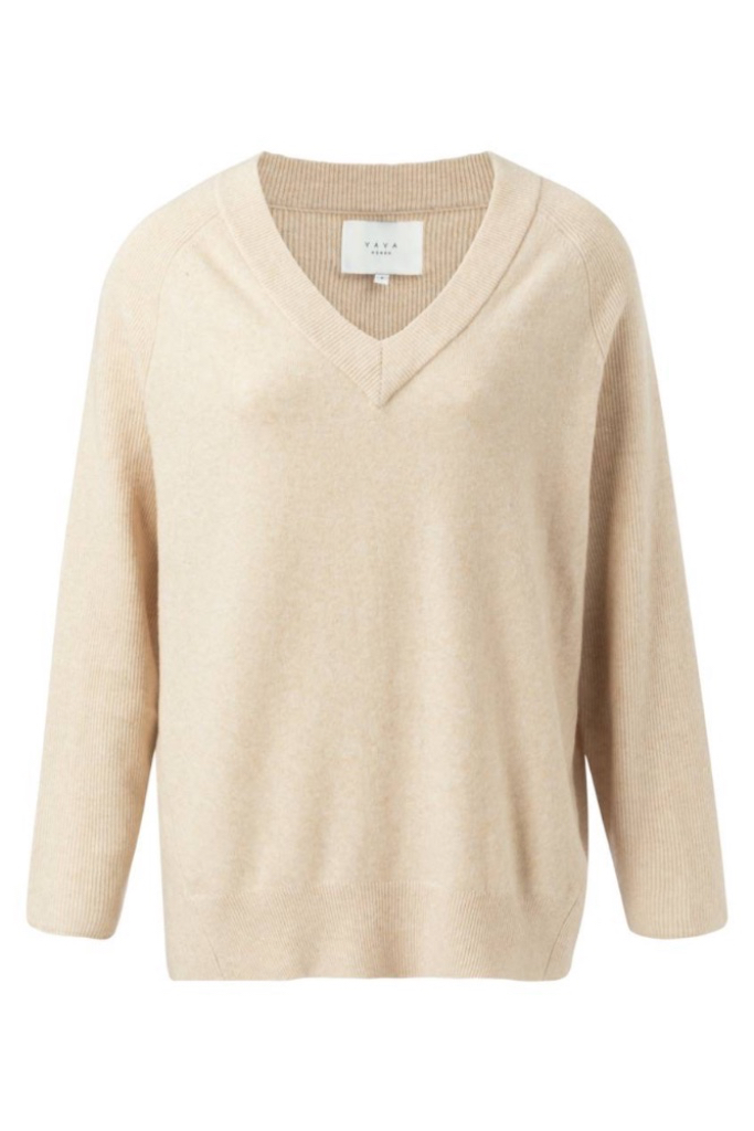 YAYA - Pulóver voľný s V-výstrihom - beige melange YAYA - Pulóver voľný s V-výstrihom - beige melange
