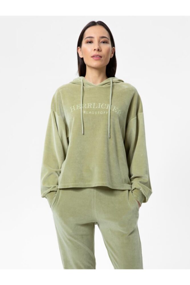 Herrlicher - Mikina s kapucou zamatová Dark bamboo - dark bamboo
